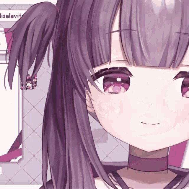a close up of a girl 's face with purple hair and purple eyes