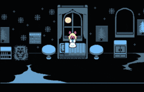 a pixel art of a girl sitting on a bed in a dark room