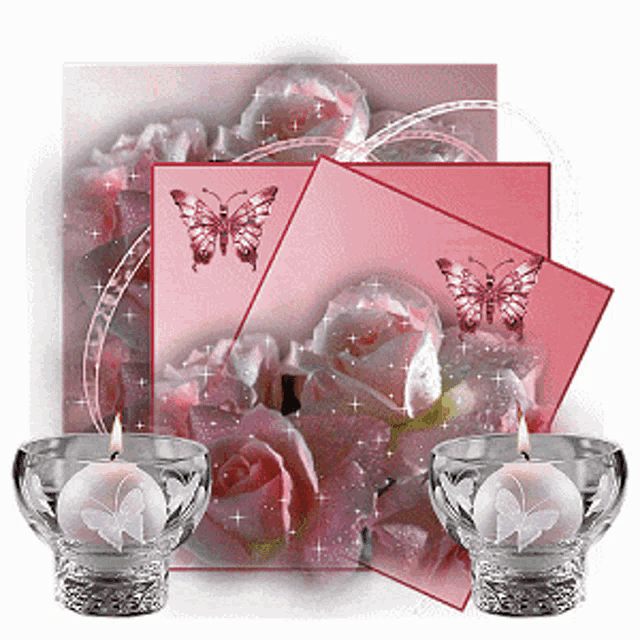 two candles are in front of a pink background with butterflies and roses