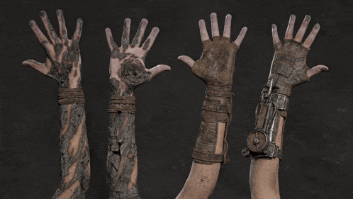 a person 's arms are shown with different types of gloves on