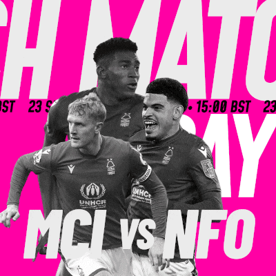 three soccer players on a pink background with the words mci vs nfo