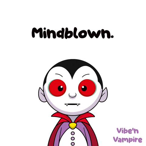 a cartoon of a vampire with red eyes and the words mindblown above him