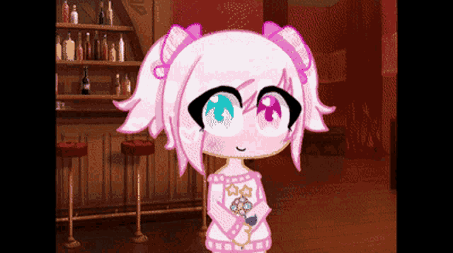 a girl with pink hair and blue eyes is standing in a room