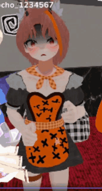 a girl in a halloween costume has the number 1234567 on the bottom left