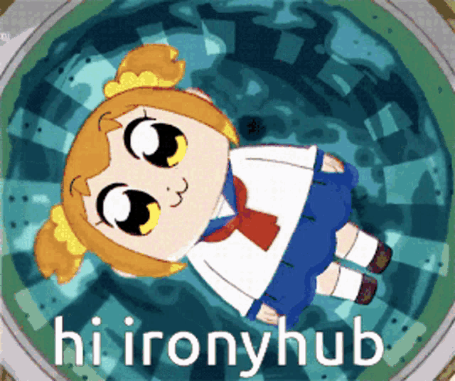 a cartoon character with the words hi ironyhub written below her