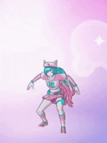 a pixel art drawing of a girl in a pink and blue outfit holding a stick .