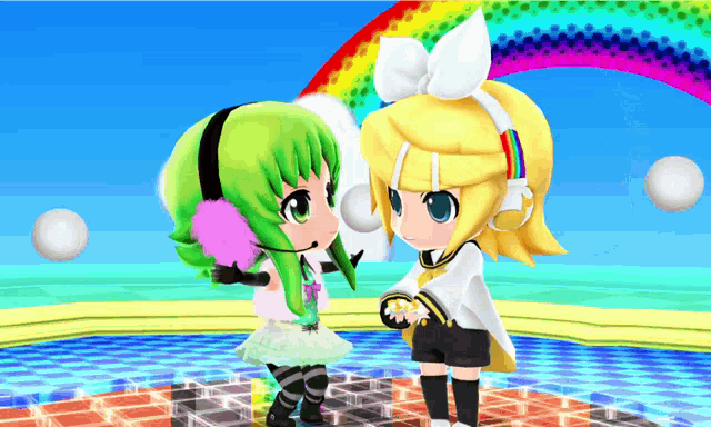 a cartoon girl with green hair is standing next to a girl with blonde hair