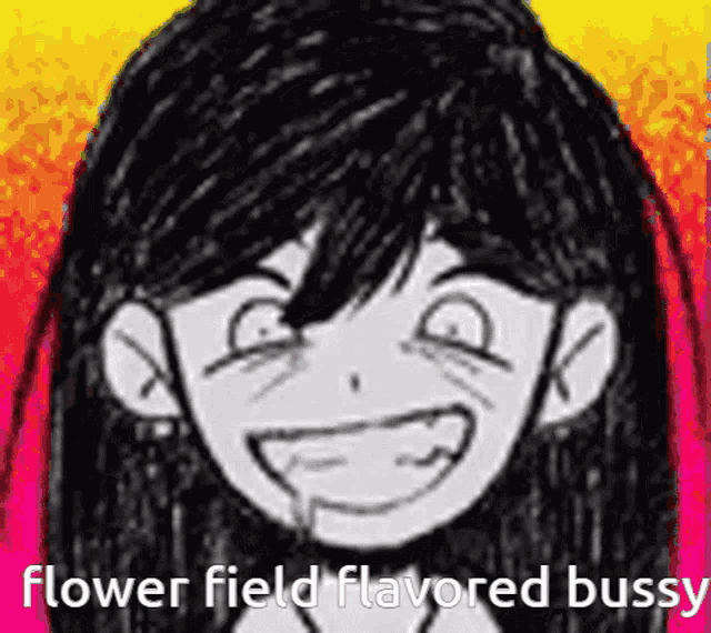 a black and white drawing of a girl smiling with the words flower field flavored bussy below her