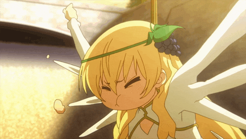 a girl with wings and a flower in her hair is making a face