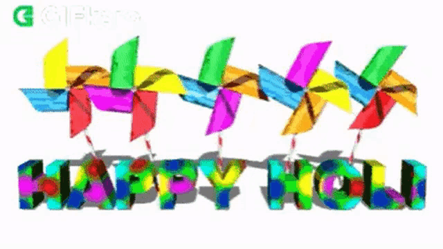 a happy holi greeting card with colorful windmills and the words happy holi .
