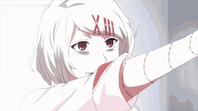 a girl with white hair and red eyes has a red x on her forehead