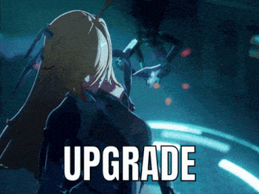 a picture of a blonde anime girl with the words upgrade written below her