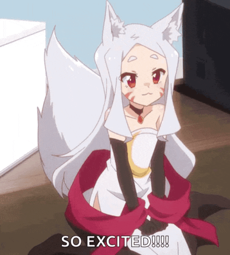 a cartoon girl with white hair and red eyes is sitting down and says so excited