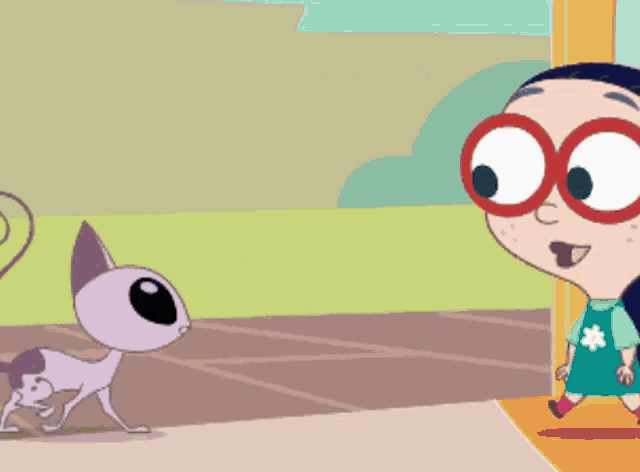 a cartoon girl wearing glasses is standing next to a purple cat