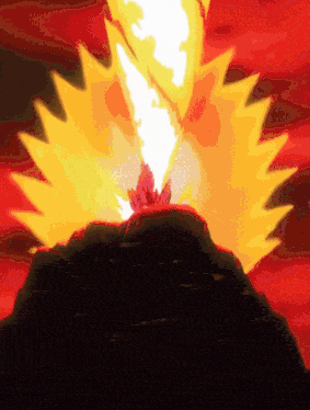 a cartoon drawing of a volcano erupting with a red background