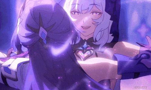 a gif of a girl with purple hair and a heart necklace