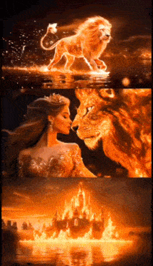 a woman is kissing a lion in a painting