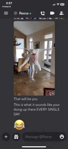 a phone screen shows a picture of a person in a bunny costume