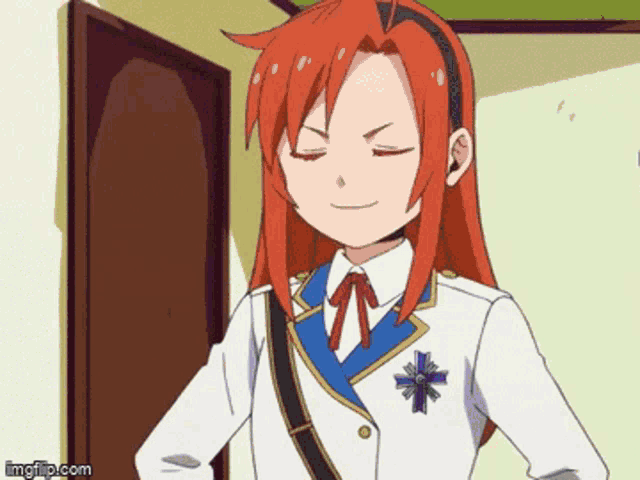 a girl with red hair is wearing a white and blue uniform with a blue star on her chest