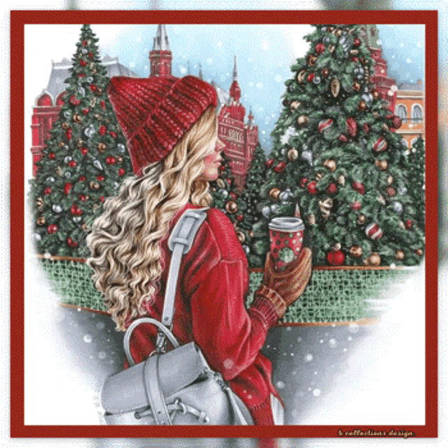 a woman in a red hat is holding a cup of coffee