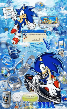 a collage of sonic the hedgehog with a sega logo in the corner