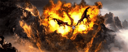 a painting of two dragons flying through a fire storm