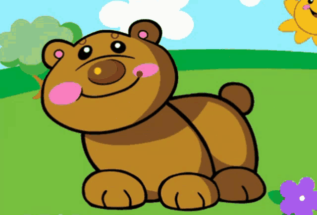 a brown teddy bear with pink cheeks is sitting in the grass