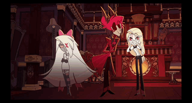 a couple of cartoon characters are standing in a room