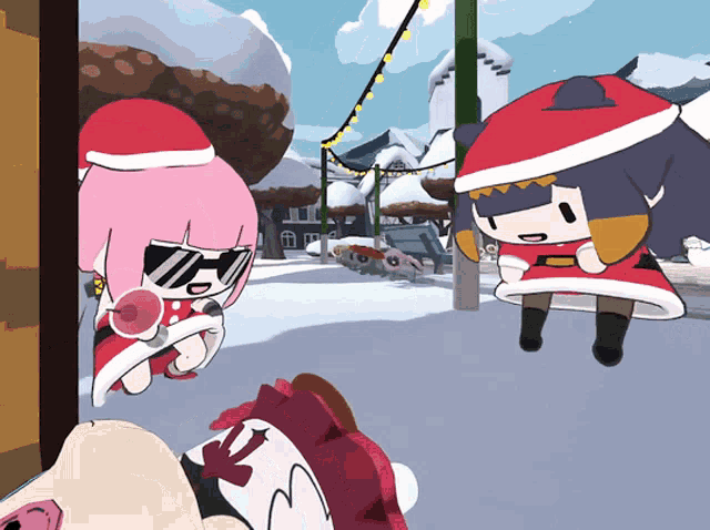 a cartoon drawing of a girl wearing a santa hat and sunglasses