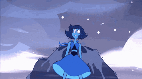 a blue cartoon character is standing on a rock