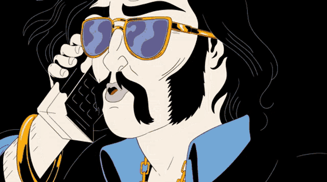 a man with a mustache and sunglasses is talking on a phone