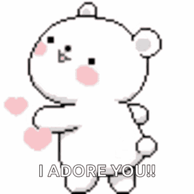 a pixel art of a white teddy bear saying `` i adore you ''