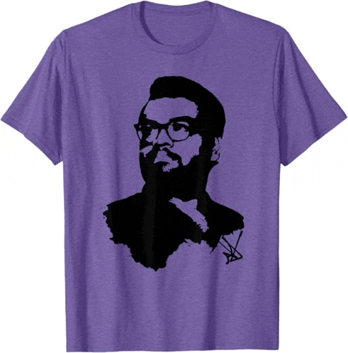 a purple shirt with a black silhouette of a man with glasses