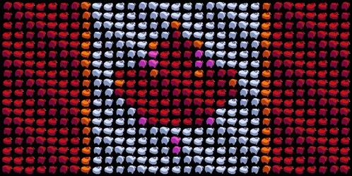 a black background with a bunch of red and purple dots