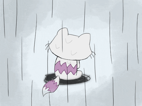 a drawing of a cat with a purple tail sitting in the rain
