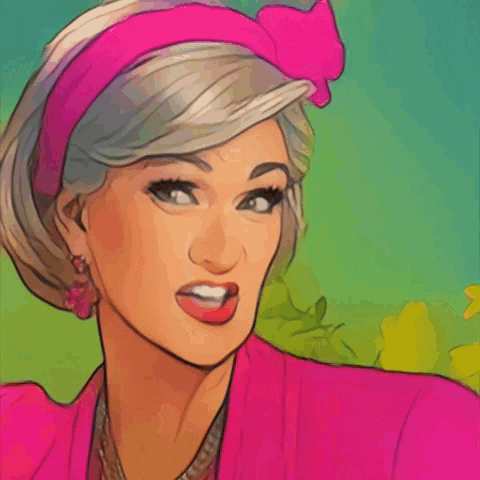 a cartoon drawing of a woman wearing a pink jacket and a pink headband