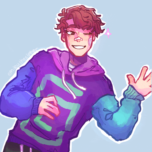 a drawing of a boy wearing a purple and blue hoodie with the letter l on it