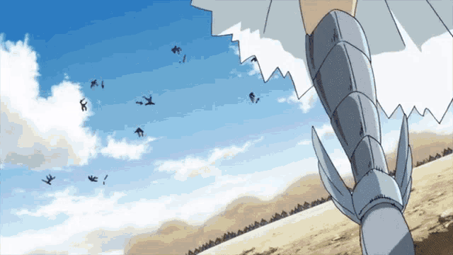 a cartoon drawing of a person 's leg with birds flying in the sky
