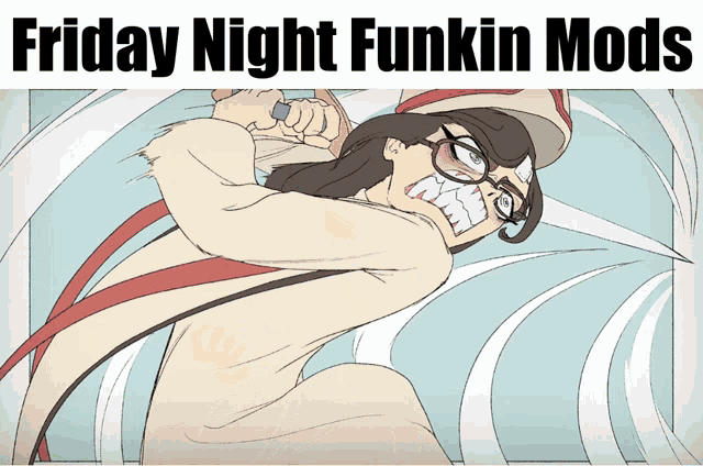 a poster for friday night funkin mods features a cartoon character holding a sword