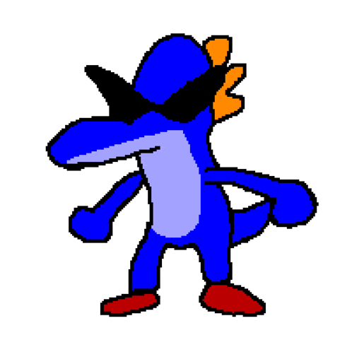 a pixel art of a blue lizard wearing red shoes and sunglasses