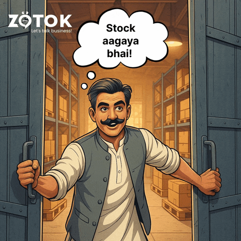 a cartoon of a man with a speech bubble that says stock aagya bhai