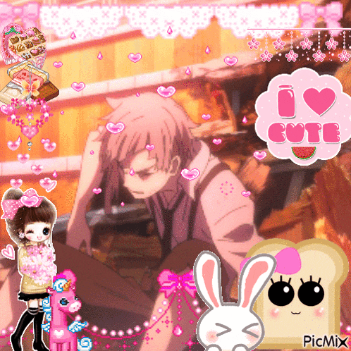 a picture of a girl with a bunny and a toast that says " i love cute "