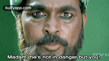 a man with a beard and mustache is saying `` madam , he 's not in danger but you ! '' .