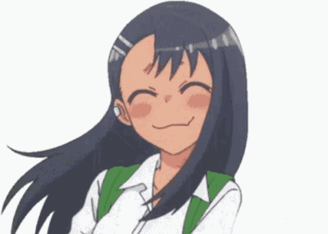 a girl with long black hair and a green backpack is smiling