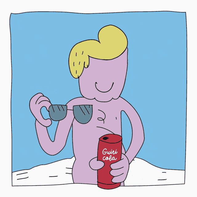 a cartoon drawing of a man holding a can of guiri cola
