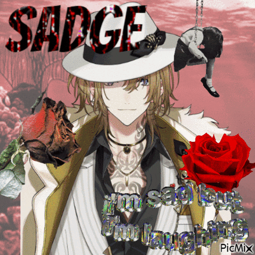a picture of a man wearing a hat with the word sadge written on it