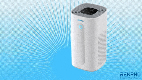 a renpho air purifier is displayed on a blue and white background