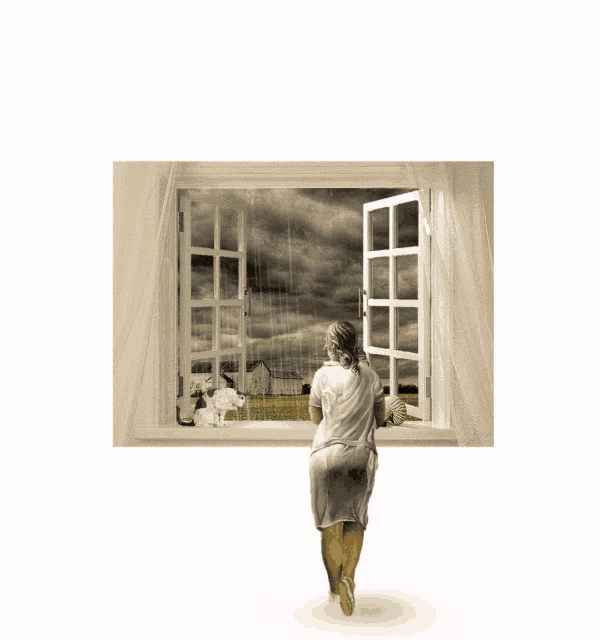 a woman stands in front of an open window looking out at a stormy sky