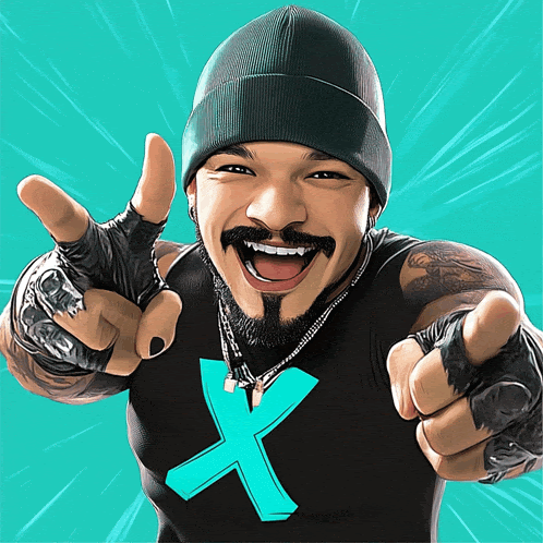 a man wearing a black shirt with a blue x on the front