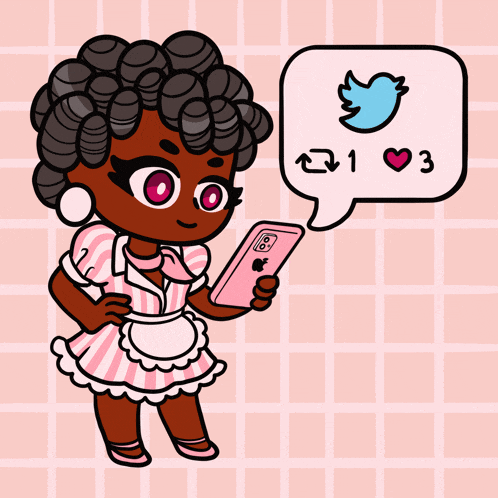 a cartoon drawing of a woman holding a cell phone next to a speech bubble with a twitter icon